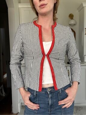 Ryder Striped blue & White light weight linen Jacket with Red Trim